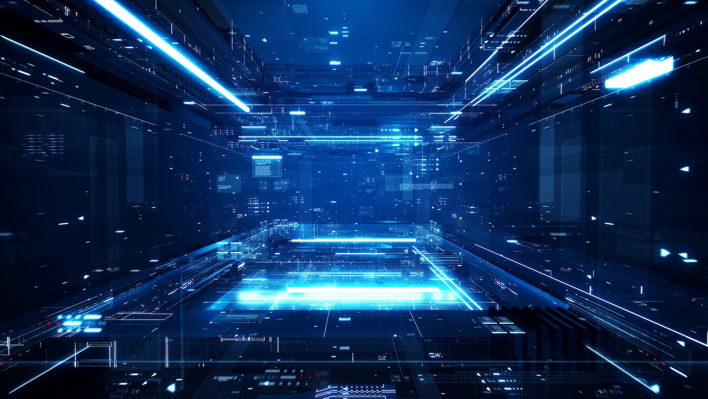 A futuristic digital environment with glowing blue lights, holographic displays, and grid patterns, evoking speed, connectivity, and advanced technology.