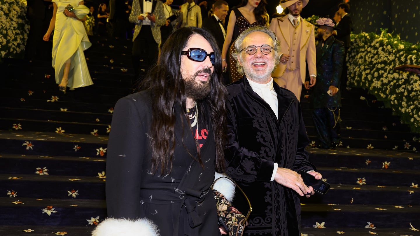 Alessandro Michele and Jacopo Venturini depart the 2025 Met Gala Celebrating "Superfine: Tailoring Black Style" at Metropolitan Museum of Art on May 05, 2025 in New York City.