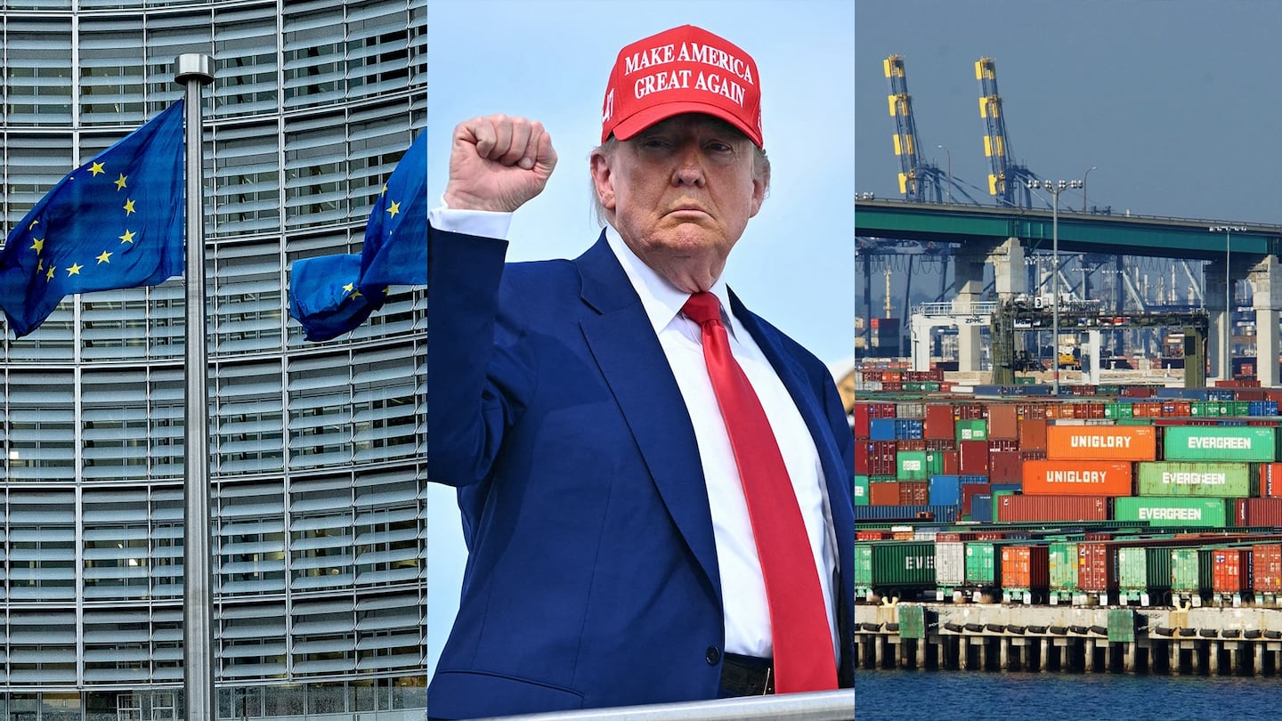 A series of images showing EU flags, Donald Trump and shipping containers at a port.